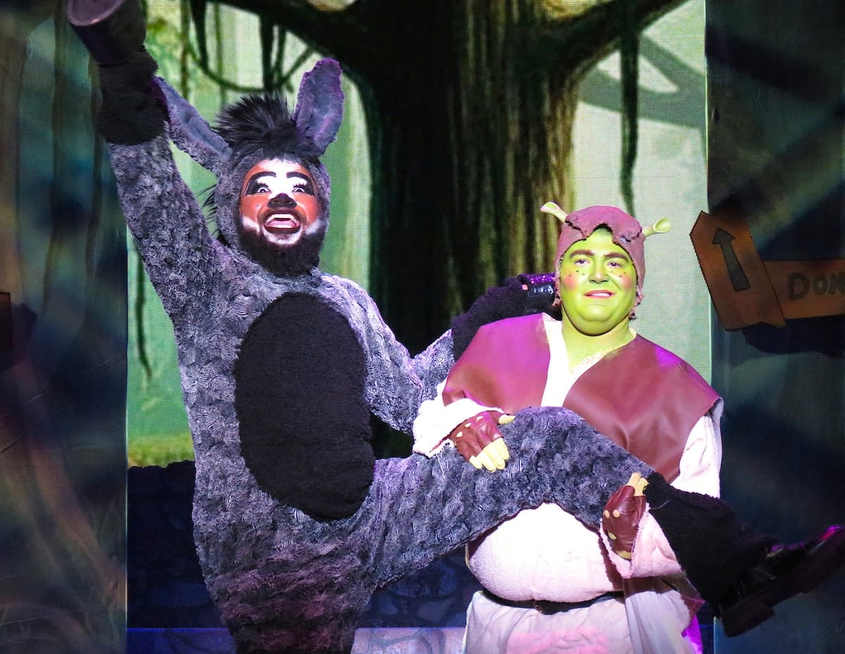 Moses Brown as Donkey and Cooper Kaminsky as Shrek SHREK Parker Arts and Sasquatch Prods. PACE Center Jan. 2026 photo Becky Toma