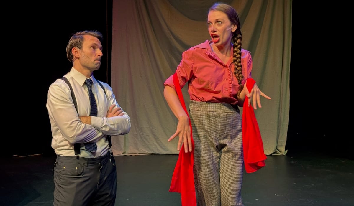 A brisk 'Murder for Two' could use more clarity 2 A man has his arms cross while a woman does a silly bit in a scene from Murder for Two