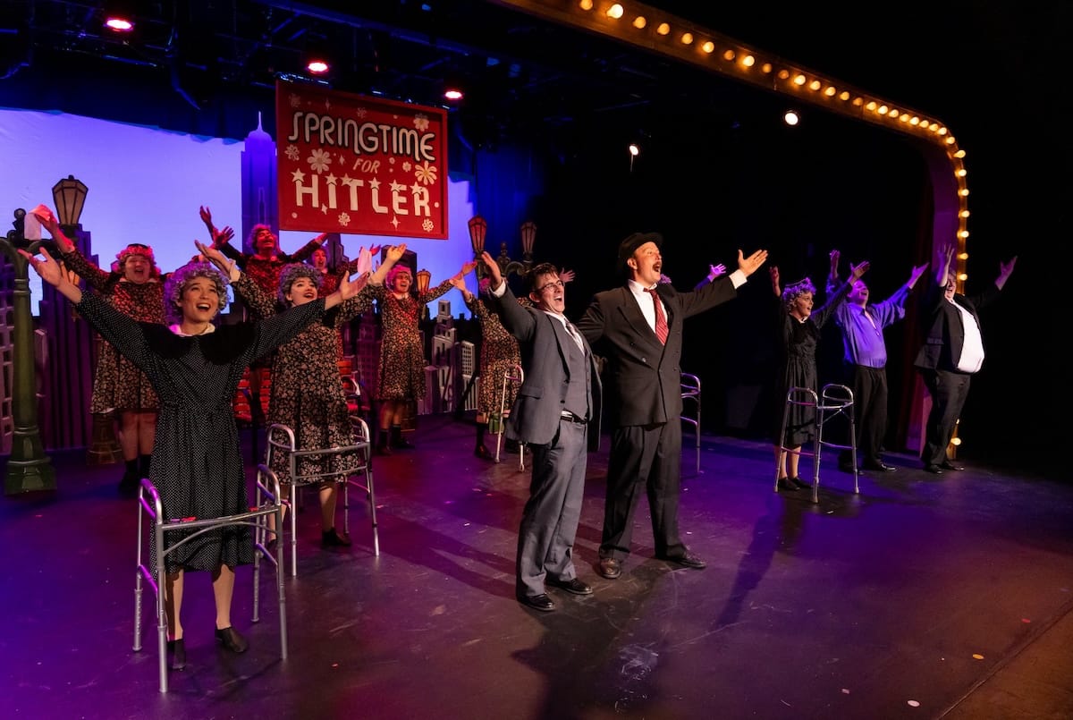 The cast of The Producers dance together in a big ensemble number